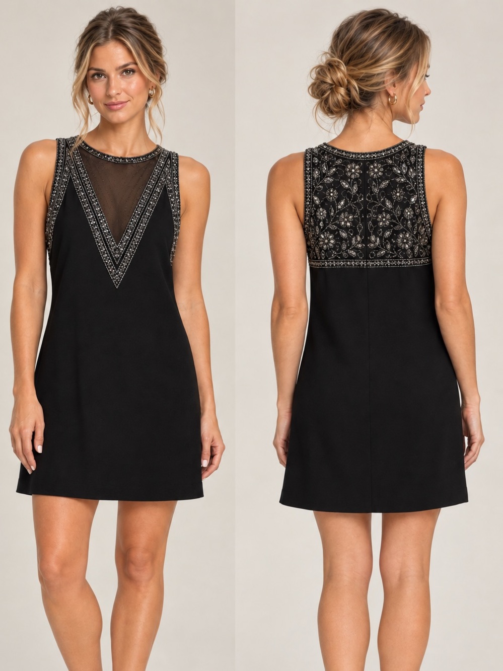 Aidan Mattox Illusion Neck Black Beaded Mini Dress Size 6